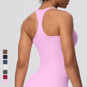 Women's Racerback Yoga Tank Top With Built-in Chest Pad Solid Color Quick Dry Tight Fit Athletic Workout Gym Top