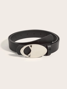 Detail of black leather belt featuring a silver semi-circle geometric hollow buckle