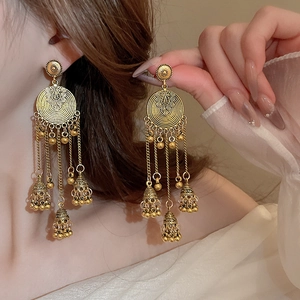 Vintage Ethnic Round Disk Tassel Earrings Alloy Jhumka Bell Bohemian Style Jewelry With Silver Earring Post For Women