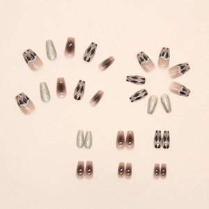 Brown gradient and silver glitter checkerboard press-on nails in trapezoid shape