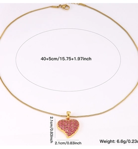 Detail showing heart pendant size 2.1cm and 45cm gold box chain with dimensions info