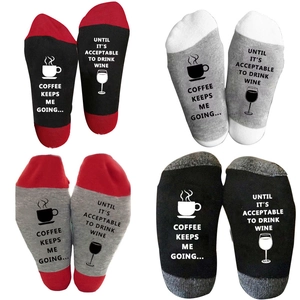 Funny coffee and wine message mid-calf cotton socks set in four assorted colors