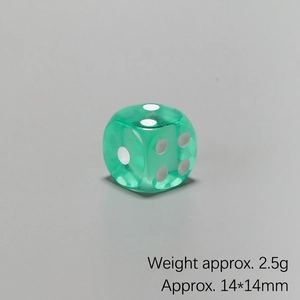 Detailed view of a 14mm transparent green resin die showing size and 2.5g weight info