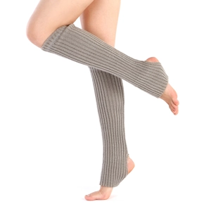 Detail of grey stirrup leg warmers showing ribbed knit texture and heel opening