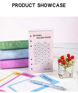 Detail of A6 6-hole savings challenge tracker inserts with colorful crocodile leather binders