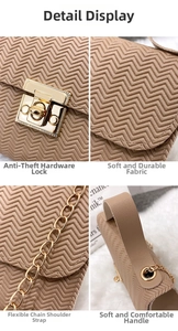 Detail view of khaki square bag showing golden lock, chain strap, and chevron texture