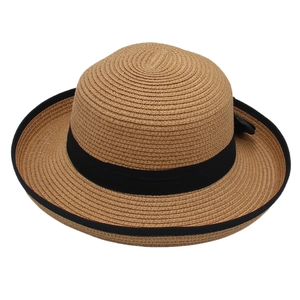 Elegant wide brim straw hat with black silk ribbon bow and round top for women
