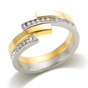 Modern two-tone rose gold and silver plated titanium steel ring with sparkling crystals