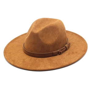 Classic caramel suede fedora hat with wide brim and decorative leather band with metal buckle