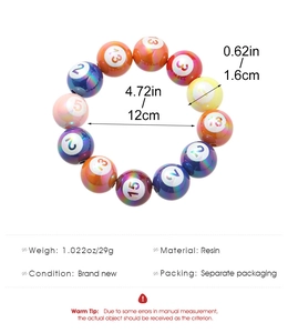 Detailed size specifications for a colorful pearlescent resin billiard ball bracelet