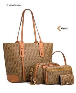 Detail view of 4-piece khaki tote bag set featuring chain patterns and gold zippers