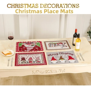 Christmas placemats featuring gnome embroidery on linen fabric for festive table decor
