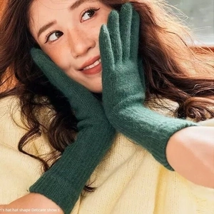 Long green knitted rabbit fur gloves for women with soft thick texture for winter warmth