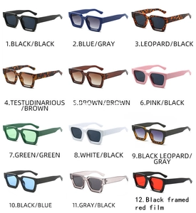 Detailed grid display of retro square sunglasses in 12 assorted color frames and lenses