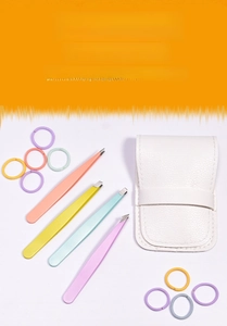 Set of four colorful stainless steel tweezers with a white faux leather storage case