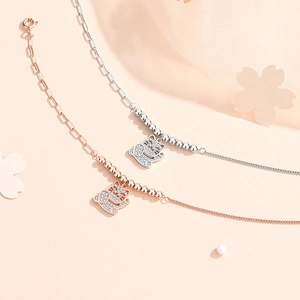 S925 silver Maneki Neko lucky cat bracelets in rose gold and silver with zircon accents