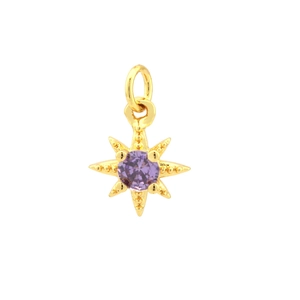 Macro shot of 18K gold plated star pendant with faceted purple zircon inlay and micro-beads
