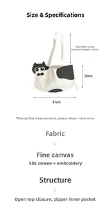 Detailed size chart and specs for cat-shaped canvas tote bag with embroidery details