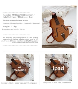 Detail view of violin-shaped PU leather backpack showing size 23x31x8cm and adjustable strap