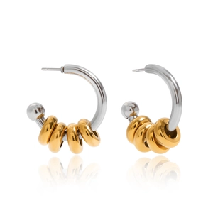 Luxury stainless steel hoop earrings with gold rings and silver beads on white background
