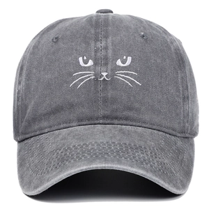 Vintage dark gray baseball cap with cute cat embroidery and washed cotton finish