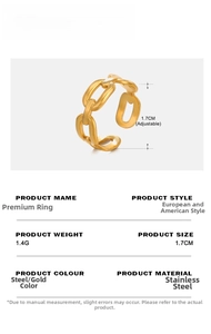 Detailed specs of adjustable chain ring in 18K gold plated stainless steel