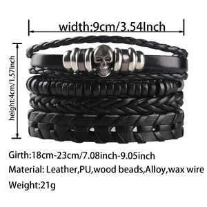 Detailed dimensions of multi-layer leather bracelet set with skull charms and wood beads