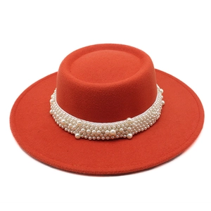 Elegant Wool Felt Boater Hat For Women With Large Faux Artificial Pearl Band French Vintage Wide Brim Flat Top Fedora Winter Autumn