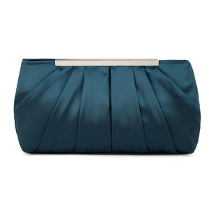 Detail of navy blue pleated satin clutch bag with elegant silver metal clasp closure