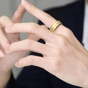 Minimalist gold matte titanium steel ring for men worn on finger in a close-up view