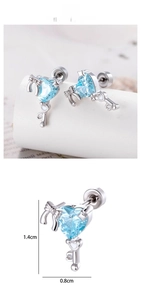 Detail showing blue heart crystal key earring dimensions 1.4cm height and 0.8cm width