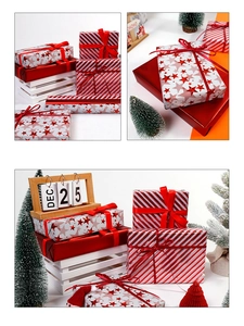 Three-grid display of red star and striped gift wrapping paper rolls for Christmas decor