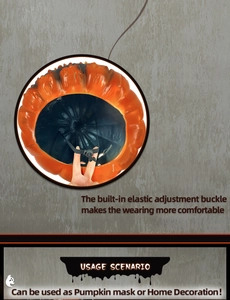 Detail of adjustable elastic drawstring buckle on orange Halloween pumpkin mask back