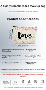 Detailed technical diagram of a 25x17cm linen love makeup bag with size and care labels