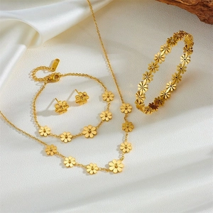 Titanium Steel Gold Chrysanthemum Daisy Flower Jewelry Necklace Bracelet Earring Bangle Rhinestone Floral Minimalist Jewelry