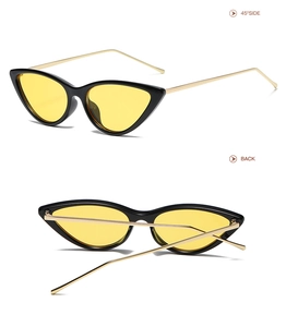 Retro cat-eye sunglasses with yellow lenses and gold metal temples, side and back views