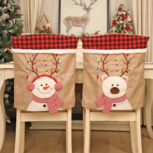 Christmas burlap chair covers with snowman and polar bear in festive plaid design
