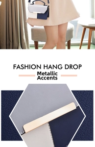 Detail of elegant gold-toned metal clasp on a grey and navy color-block handbag