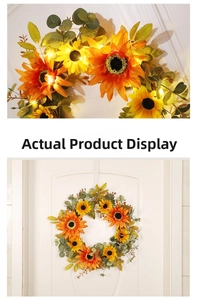 Close-up of lighted sunflower wreath with warm LED lights and eucalyptus leaves detail