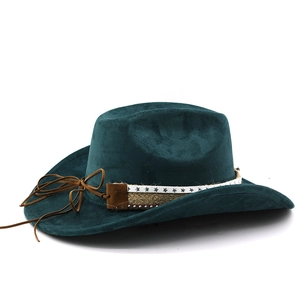 Détails du chapeau de cowboy en daim vert foncé avec ruban étoile et bande tressée