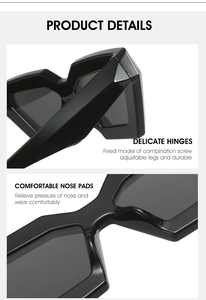 Detail view of durable metal hinges and comfortable nose pads on black geometric sunglasses