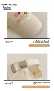 Detail of beige cotton baseball cap featuring colorful Sleepy And Hungry embroidery and buckle