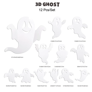 Detailed size chart for 12Pcs 3D ghost wall stickers showing various spooky expressions
