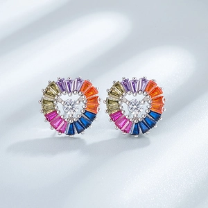 925 silver heart stud earrings with rainbow cubic zirconia stones and central white zircon