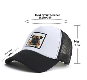 Detailed size chart of a black and white trucker hat with a pug dog graphic illustration