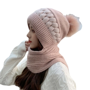 Pink winter knit hooded scarf hat for women with plush pom pom and integrated neck warmer