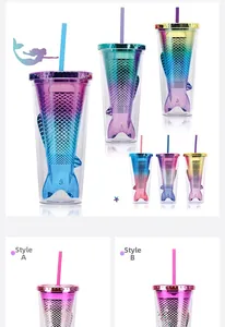 Detail shot of mermaid scale texture and gradient colors on double-layer plastic straw cups