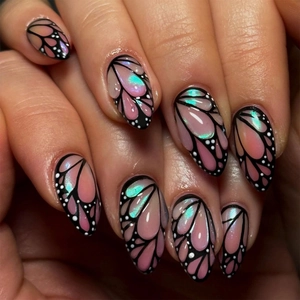 3D Butterfly Wings Press On Nails Almond Shape Gradient Pink Teal Artificial Pearl Powder Fake Nails Reusable For Women