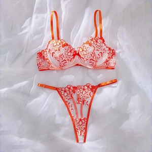 Macro detail of vibrant orange floral embroidery on sheer lace lingerie set