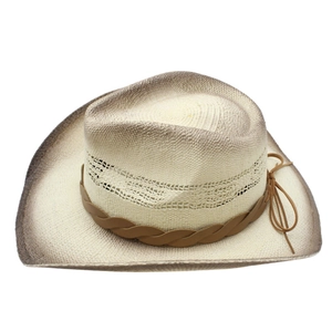 Close-up of handwoven straw cowboy hat featuring gradient brim and breathable hollow design